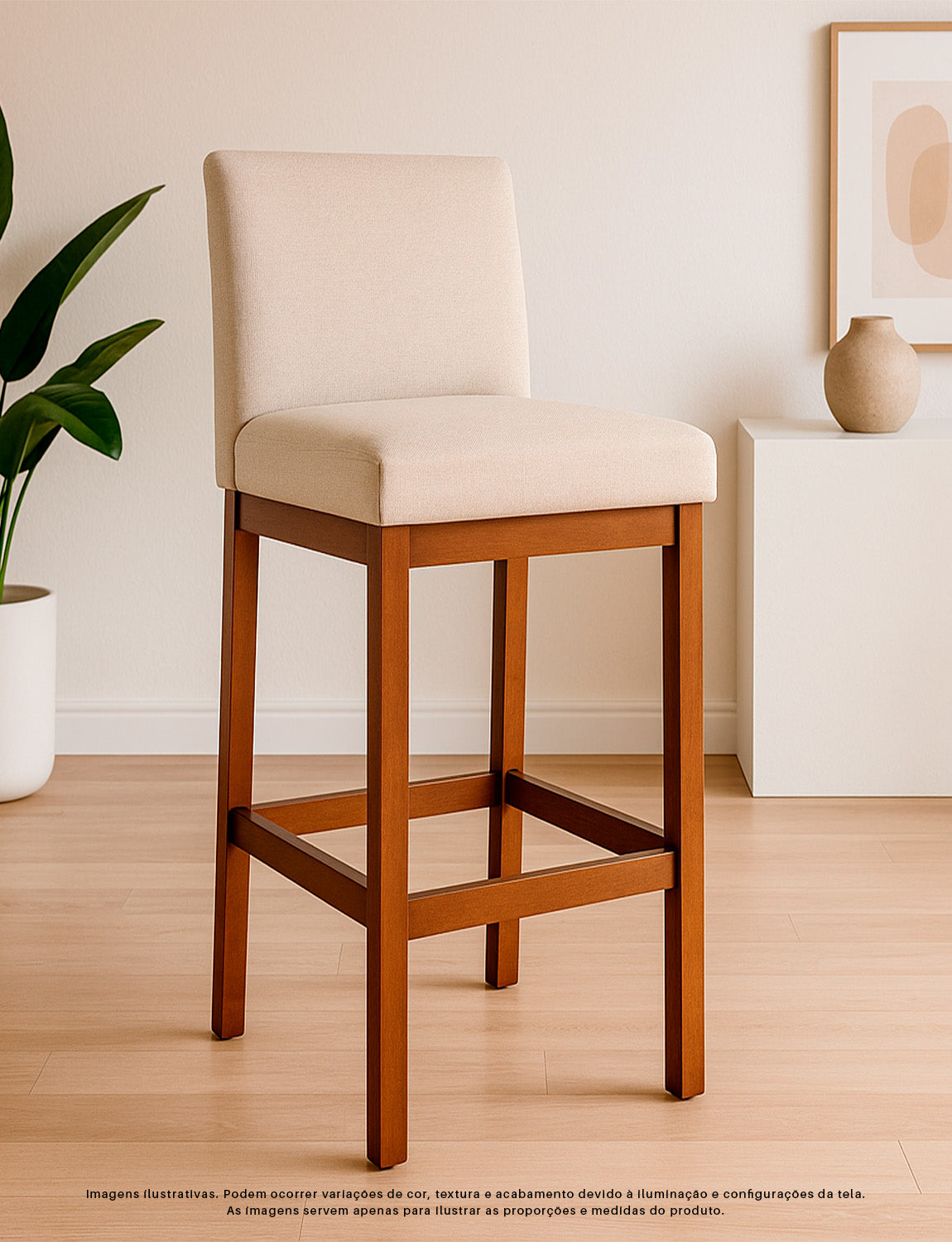 Banqueta Gold Estofada com Encosto em Tecido Linho, Espuma D23 e Estrutura 100% Madeira Maciça de Eucalipto com Apoio para os Pés e Acabamento em Verniz