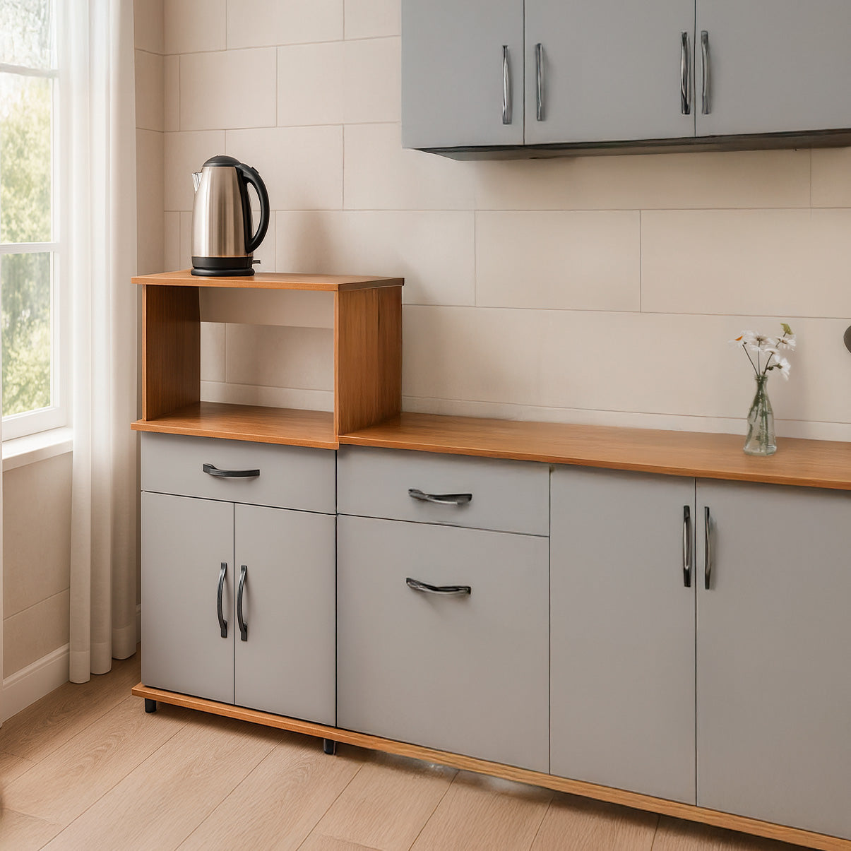 Balcão Armário de Forno Laura para cozinha, com espaço para forno e micro-ondas e tampo de apoio multiuso