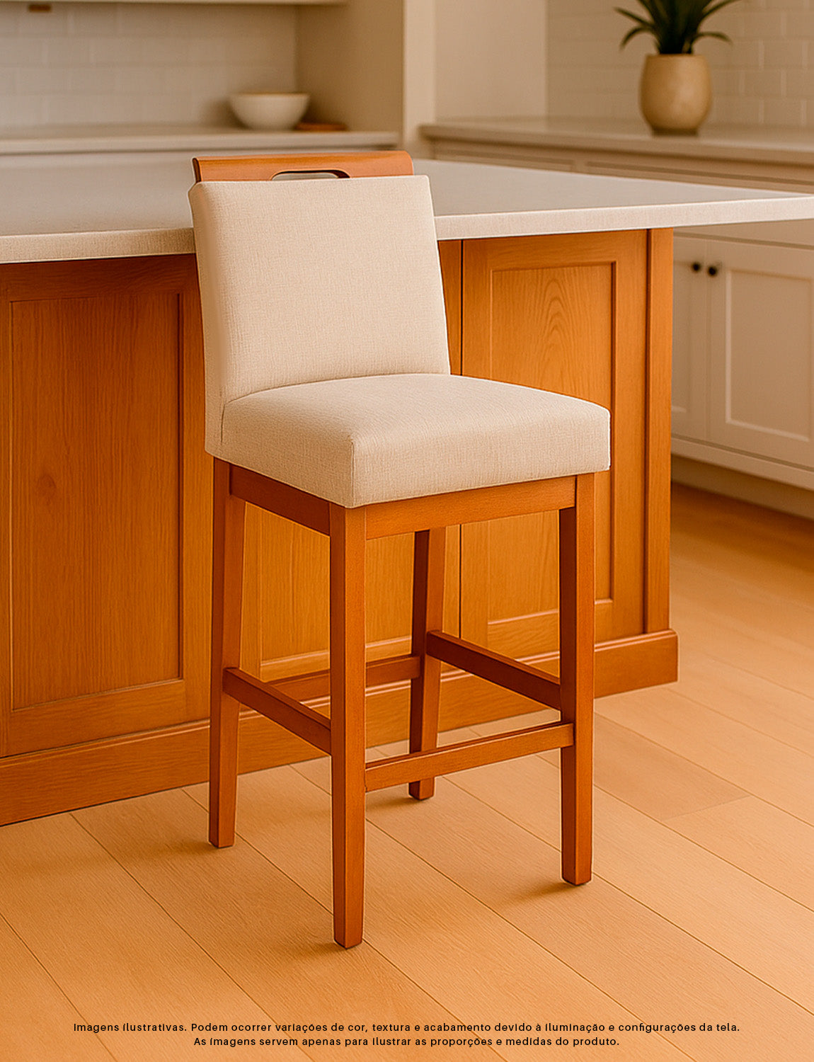 Banqueta Rubi Baixa Estofada em Tecido Linho com Estrutura de Madeira Maciça - Ideal para Mesas e Bancadas Compactas