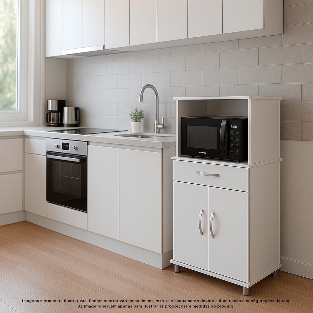 Balcão Armário de Forno Laura para cozinha, com espaço para forno e micro-ondas e tampo de apoio multiuso