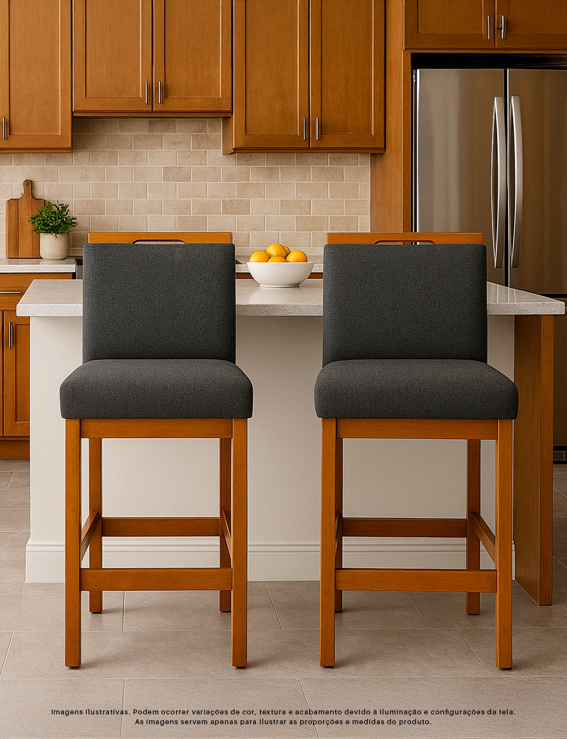 Banqueta Rubi Baixa Estofada em Tecido Linho com Estrutura de Madeira Maciça - Ideal para Mesas e Bancadas Compactas