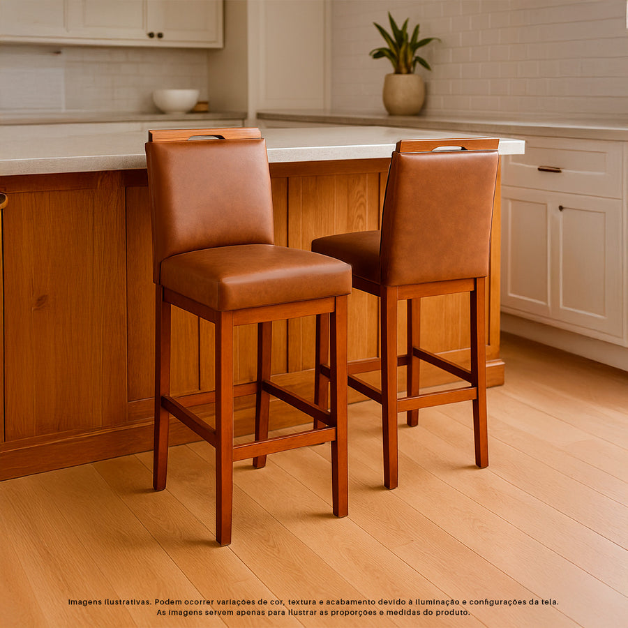 Kit 2 Banquetas Rubi Estofada em Corino com Encosto e Estrutura de Madeira Maciça – Altura 104 cm com Apoio para os Pés, Ideal para Bancada Alta