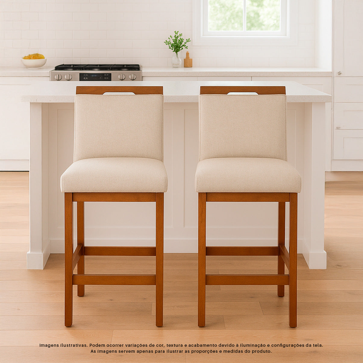 Banqueta Rubi Baixa Estofada em Tecido Linho com Estrutura de Madeira Maciça - Ideal para Mesas e Bancadas Compactas