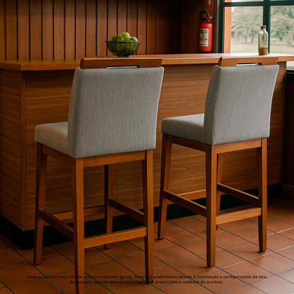 Banqueta Rubi Baixa Estofada em Tecido Linho com Estrutura de Madeira Maciça - Ideal para Mesas e Bancadas Compactas