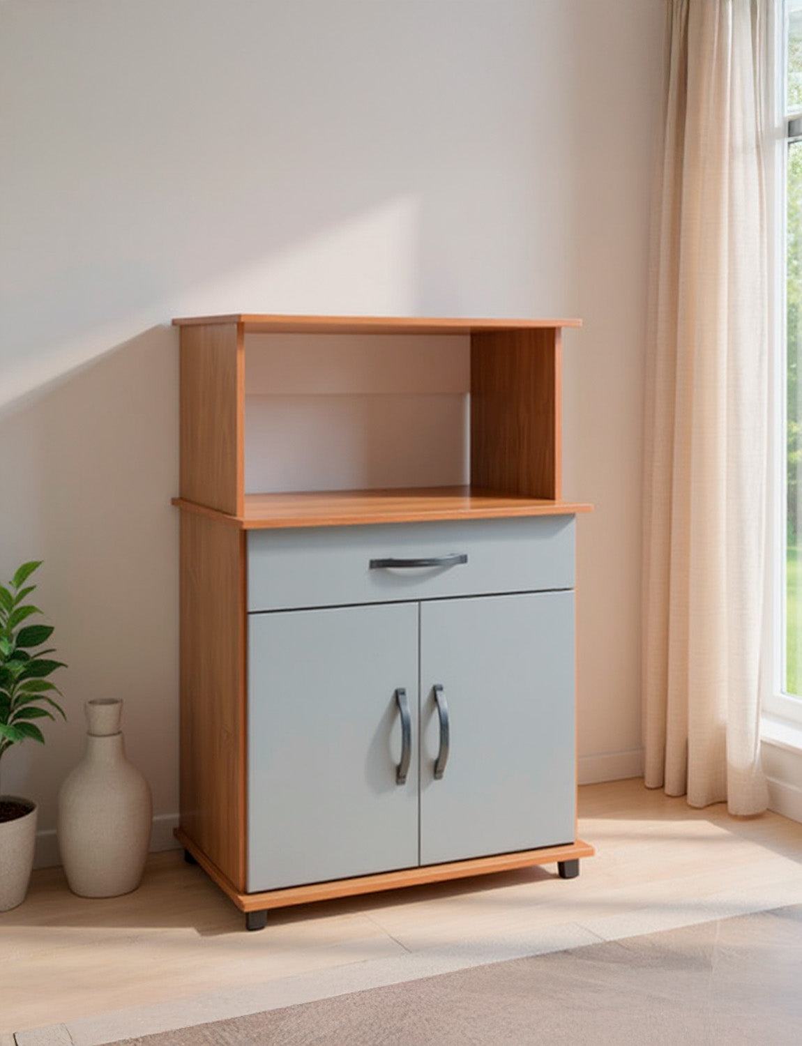 Balcão Armário de Forno Laura para cozinha, com espaço para forno e micro-ondas e tampo de apoio multiuso