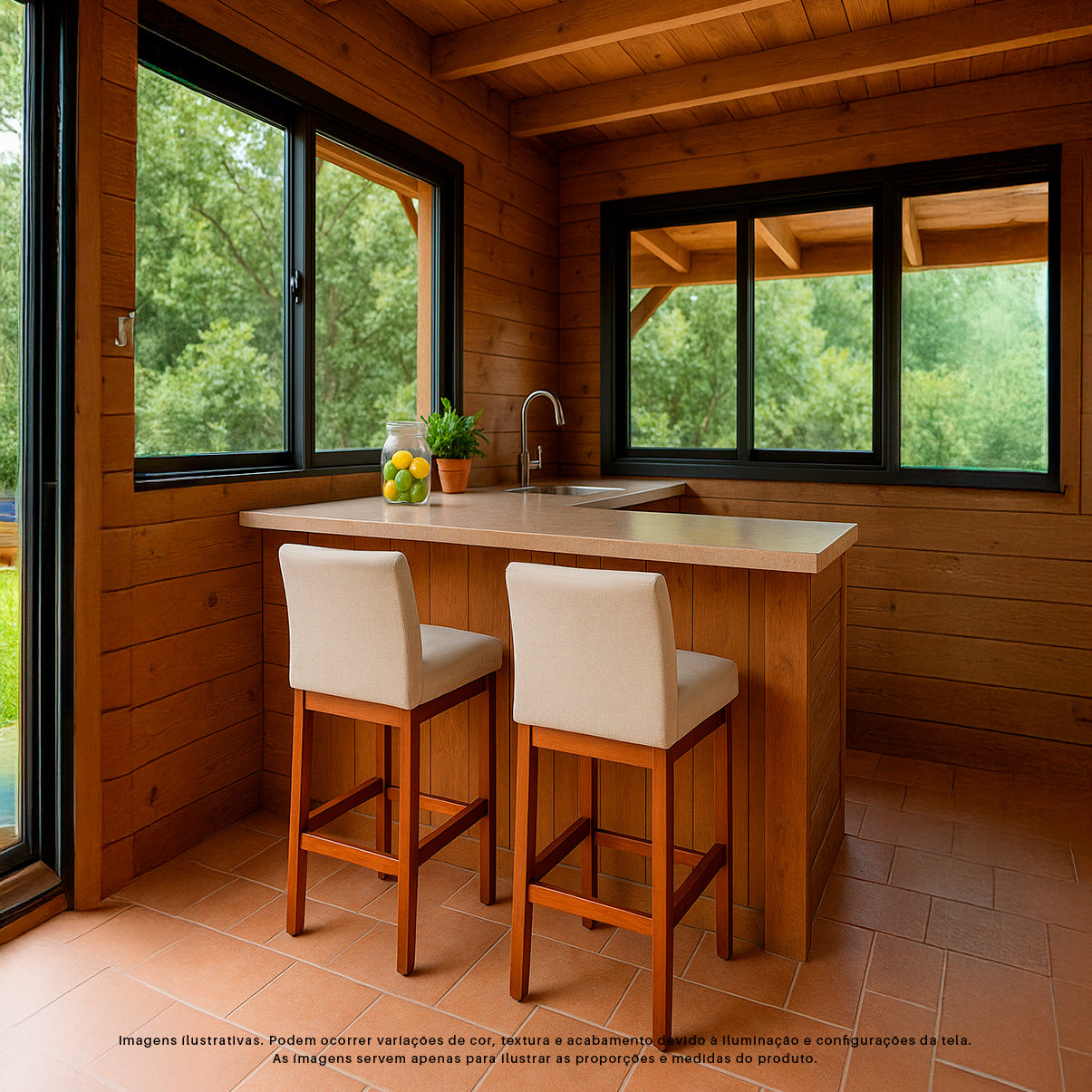 Banqueta Gold Estofada com Encosto em Tecido Linho, Espuma D23 e Estrutura 100% Madeira Maciça de Eucalipto com Apoio para os Pés e Acabamento em Verniz