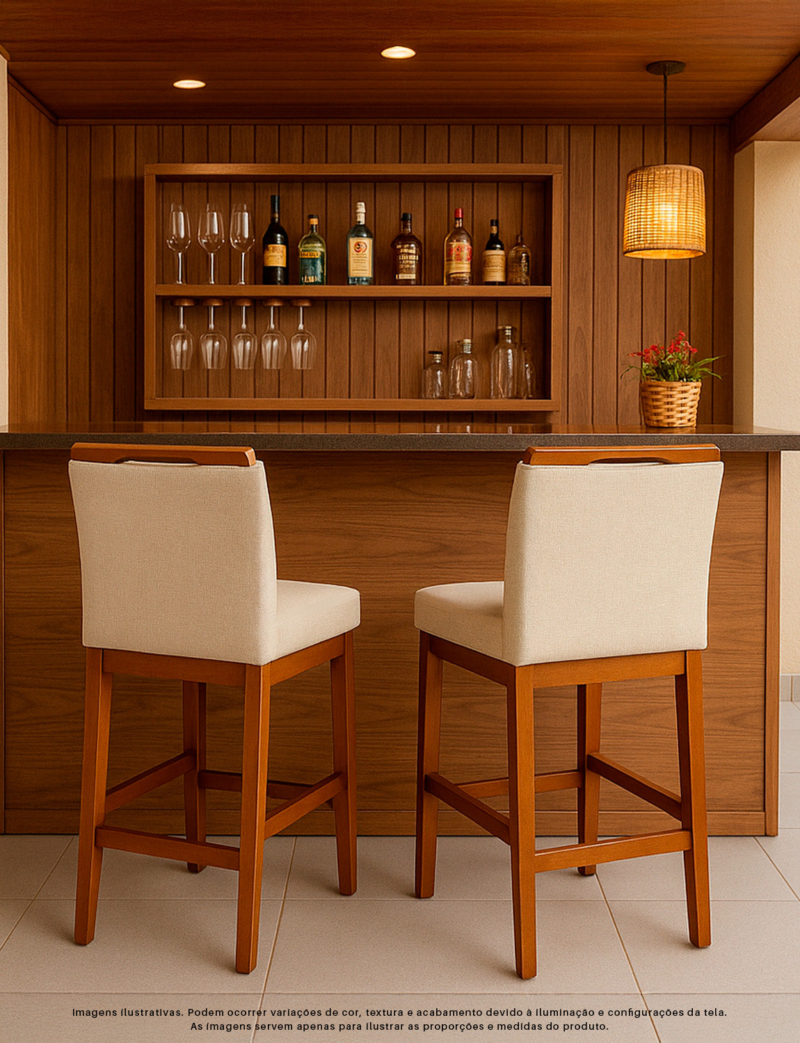 Banqueta Rubi Baixa Estofada em Tecido Linho com Estrutura de Madeira Maciça - Ideal para Mesas e Bancadas Compactas