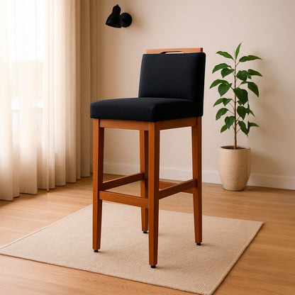 2 Banquetas Safira com Assento Estofado em Tecido Linho e Estrutura de Madeira Maciça – Com Encosto e Apoio para os Pés, Altura 104 cm para Bancadas Altas