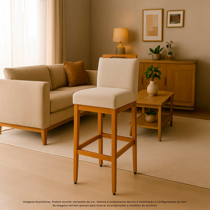 2 Banquetas Safira com Assento Estofado em Tecido Linho e Estrutura de Madeira Maciça – Com Encosto e Apoio para os Pés, Altura 104 cm para Bancadas Altas