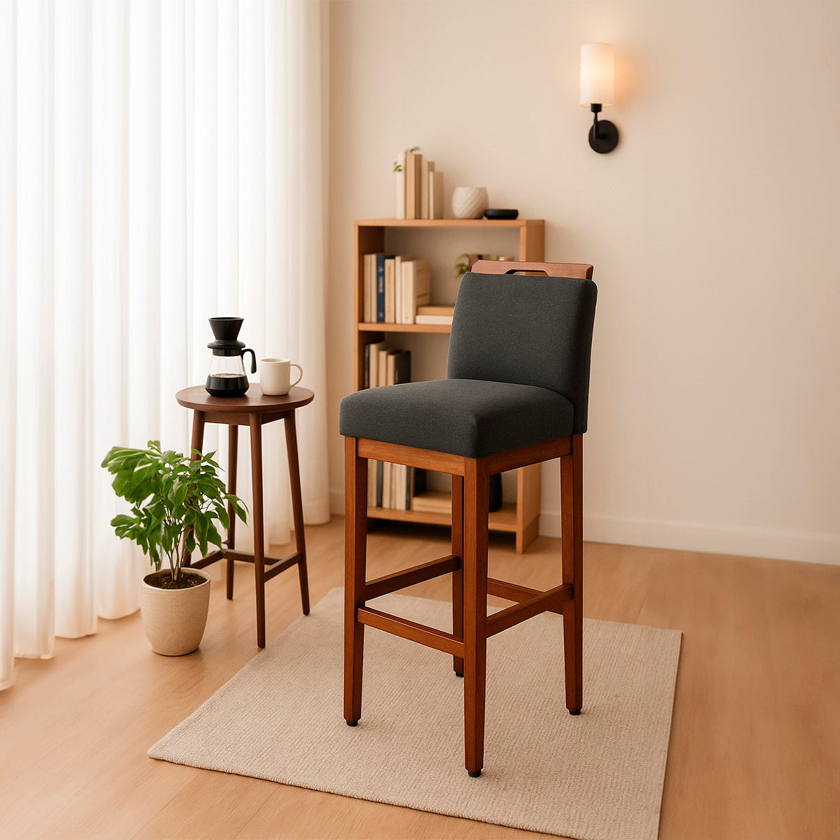 2 Banquetas Safira com Assento Estofado em Tecido Linho e Estrutura de Madeira Maciça – Com Encosto e Apoio para os Pés, Altura 104 cm para Bancadas Altas