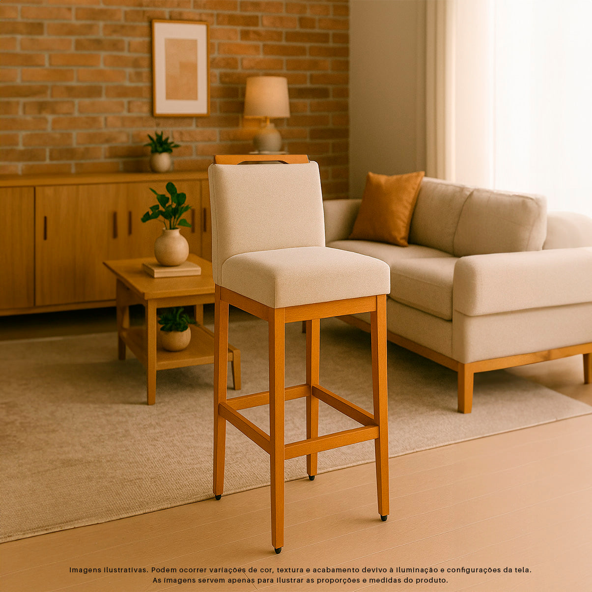 2 Banquetas Safira com Assento Estofado em Tecido Linho e Estrutura de Madeira Maciça – Com Encosto e Apoio para os Pés, Altura 104 cm para Bancadas Altas