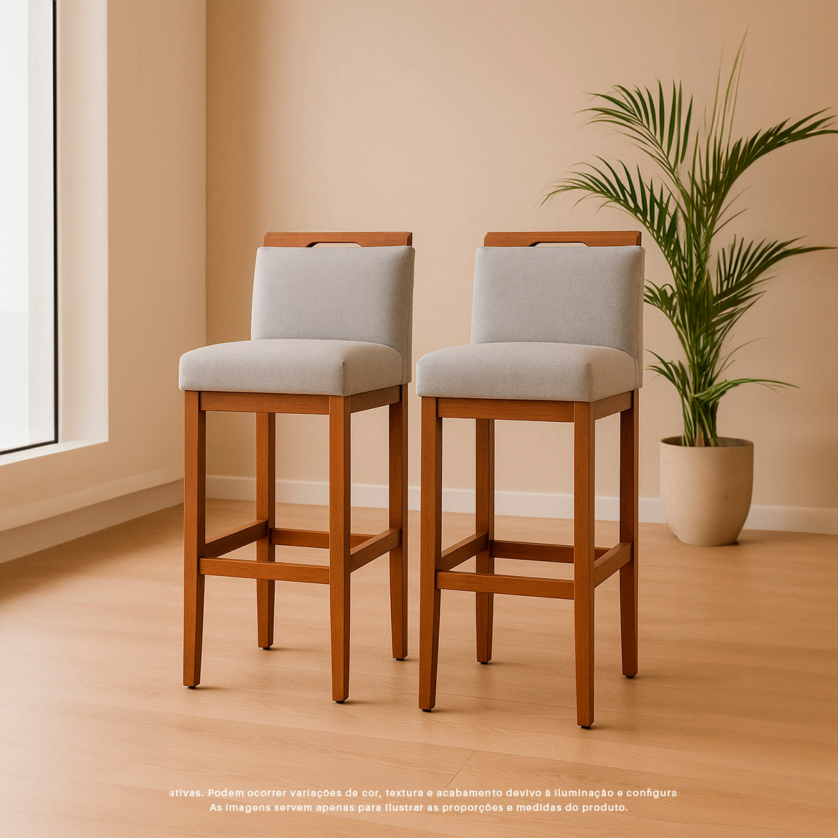 2 Banquetas Safira com Assento Estofado em Tecido Linho e Estrutura de Madeira Maciça – Com Encosto e Apoio para os Pés, Altura 104 cm para Bancadas Altas