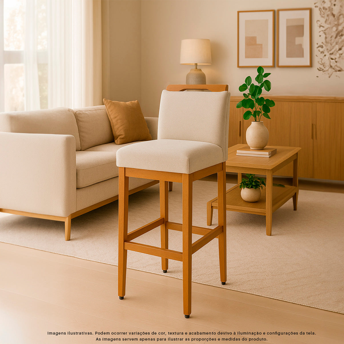 2 Banquetas Safira com Assento Estofado em Tecido Linho e Estrutura de Madeira Maciça – Com Encosto e Apoio para os Pés, Altura 104 cm para Bancadas Altas