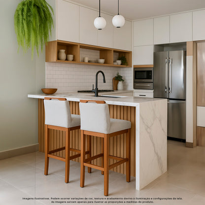 2 Banquetas Safira com Assento Estofado em Tecido Linho e Estrutura de Madeira Maciça – Com Encosto e Apoio para os Pés, Altura 104 cm para Bancadas Altas