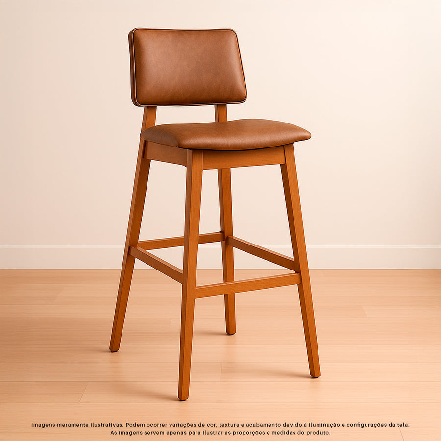 Banqueta Alta Madri com Estrutura em Madeira Maciça e Assento Estofado – Encosto Ergonômico e Altura Ideal para Bancadas Gourmet ou Cozinhas Americanas