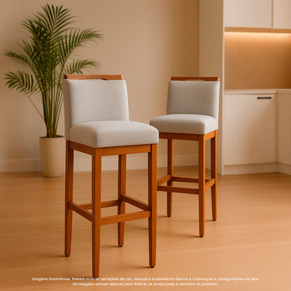 2 Banquetas Safira com Assento Estofado em Tecido Linho e Estrutura de Madeira Maciça – Com Encosto e Apoio para os Pés, Altura 104 cm para Bancadas Altas
