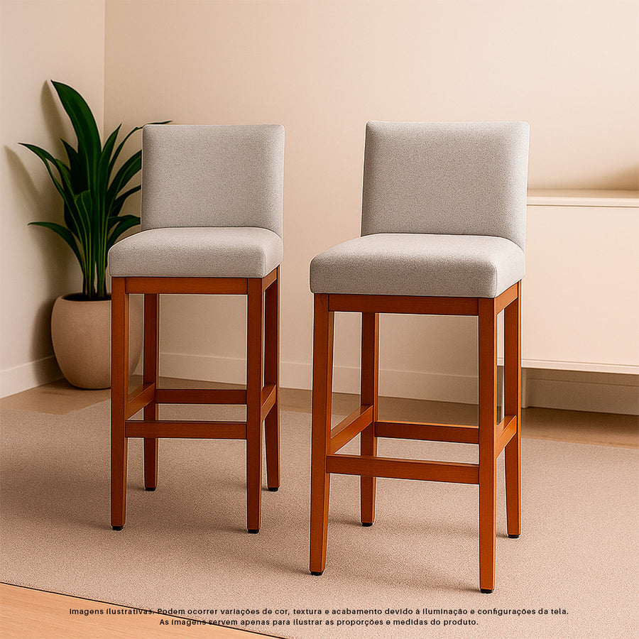 Kit 2 Banquetas Alta Jade Estofada com Estrutura de Madeira Maciça e Assento em Espuma D23 - Encosto Estofado e Altura Ideal para Bancadas Compactas