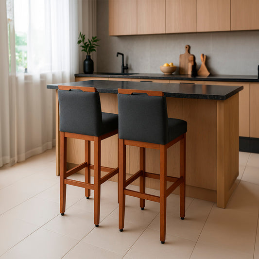 2 Banquetas Safira com Assento Estofado em Tecido Linho e Estrutura de Madeira Maciça – Com Encosto e Apoio para os Pés, Altura 104 cm para Bancadas Altas