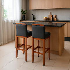 2 Banquetas Safira com Assento Estofado em Tecido Linho e Estrutura de Madeira Maciça – Com Encosto e Apoio para os Pés, Altura 104 cm para Bancadas Altas