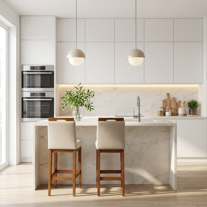 Banqueta Rubi Estofada com Encosto e Estrutura de Madeira Maciça