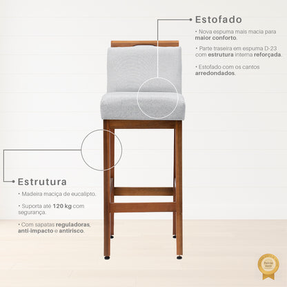 2 Banquetas Safira com Assento Estofado em Tecido Linho e Estrutura de Madeira Maciça – Com Encosto e Apoio para os Pés, Altura 104 cm para Bancadas Altas