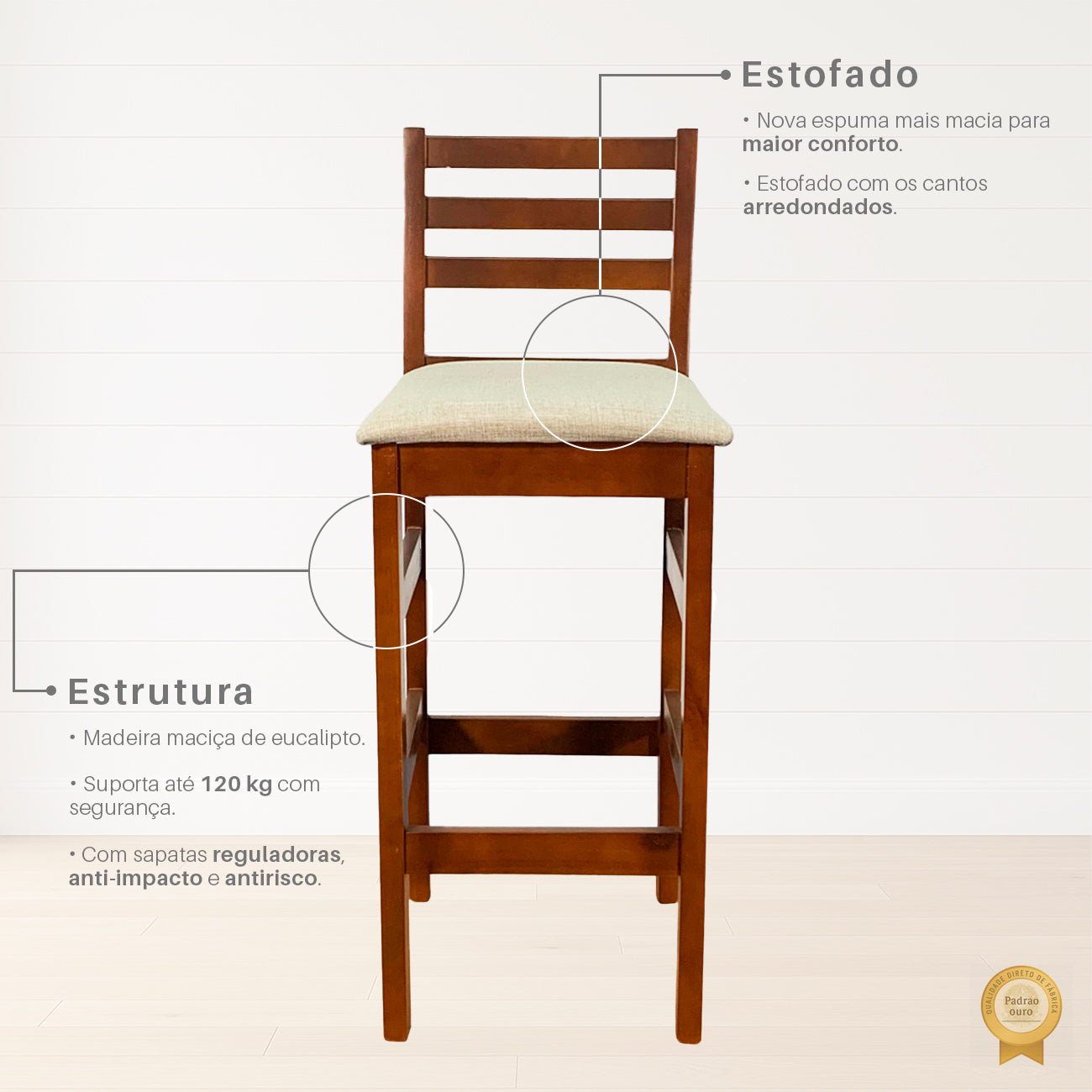 Banqueta Bistrô Estofada em Tecido Linho com Estrutura de Madeira Maciça – Ideal para Bancada Alta