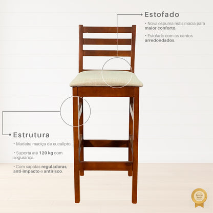 Banqueta Bistrô Estofada em Tecido Linho com Estrutura de Madeira Maciça – Ideal para Bancada Alta