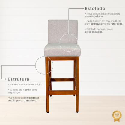 Banqueta Alta Jade Estofada com Estrutura de Madeira Maciça e Assento em Espuma D23 - Encosto Estofado e Altura Ideal para Bancadas Compactas