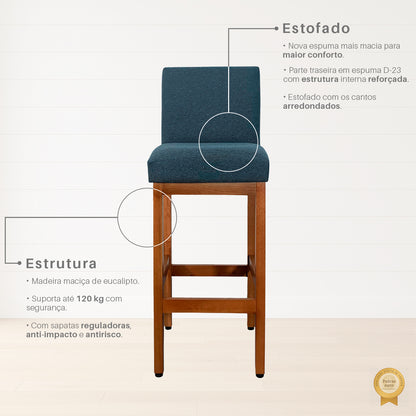 Banqueta Alta Jade Estofada com Estrutura de Madeira Maciça e Assento em Espuma D23 - Encosto Estofado e Altura Ideal para Bancadas Compactas