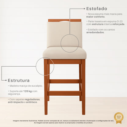 Banqueta Rubi Estofada com Encosto e Estrutura de Madeira Maciça