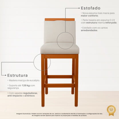 Banqueta Rubi Estofada com Encosto e Estrutura de Madeira Maciça