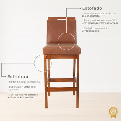 Banqueta Rubi Estofada em Corino com Encosto e Estrutura de Madeira Maciça – Altura 104 cm com Apoio para os Pés, Ideal para Bancada Alta