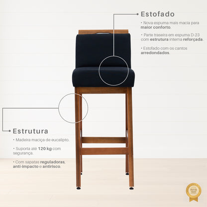 2 Banquetas Safira com Assento Estofado em Tecido Linho e Estrutura de Madeira Maciça – Com Encosto e Apoio para os Pés, Altura 104 cm para Bancadas Altas
