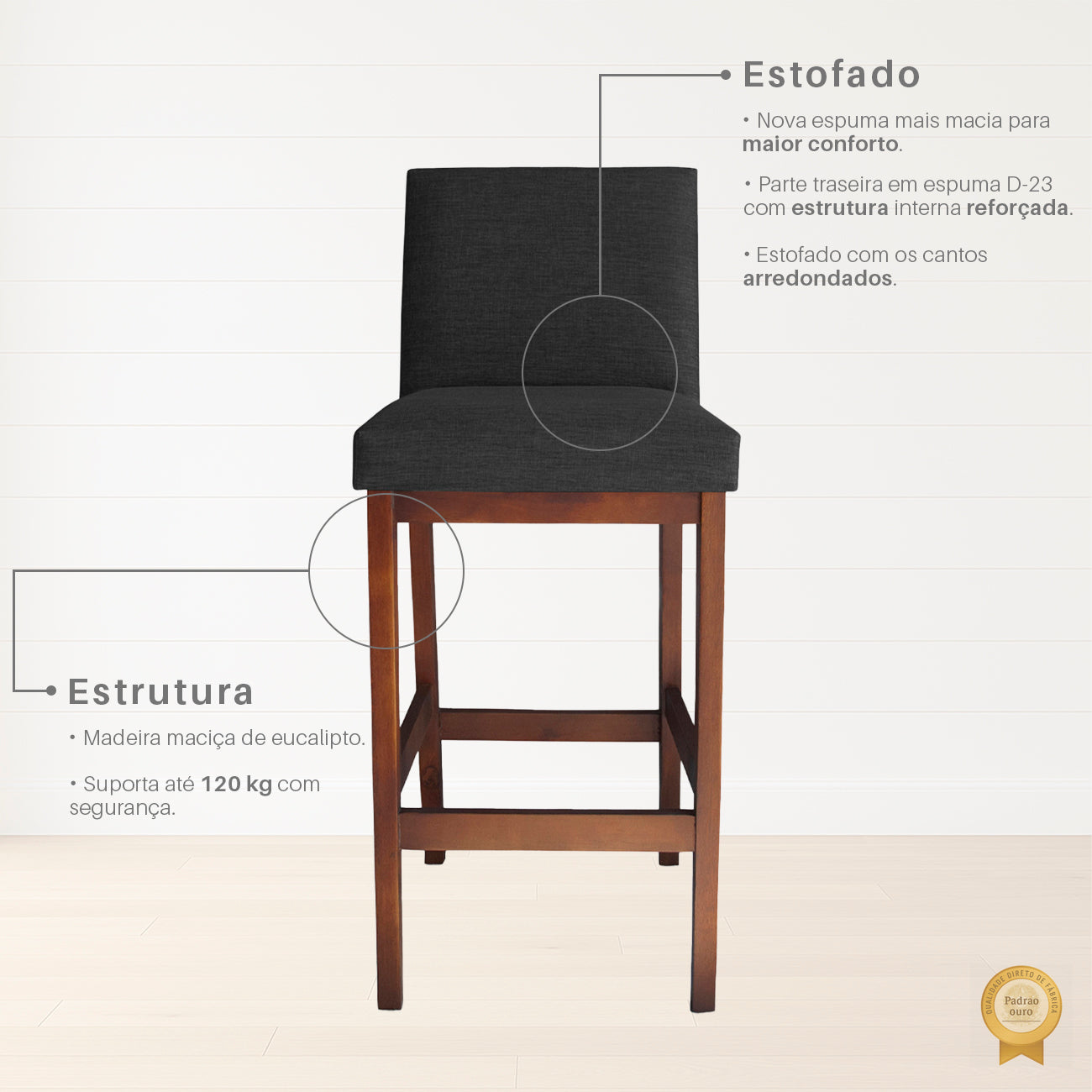 Kit 2 Banquetas Gold Linho – Estrutura em Madeira Maciça