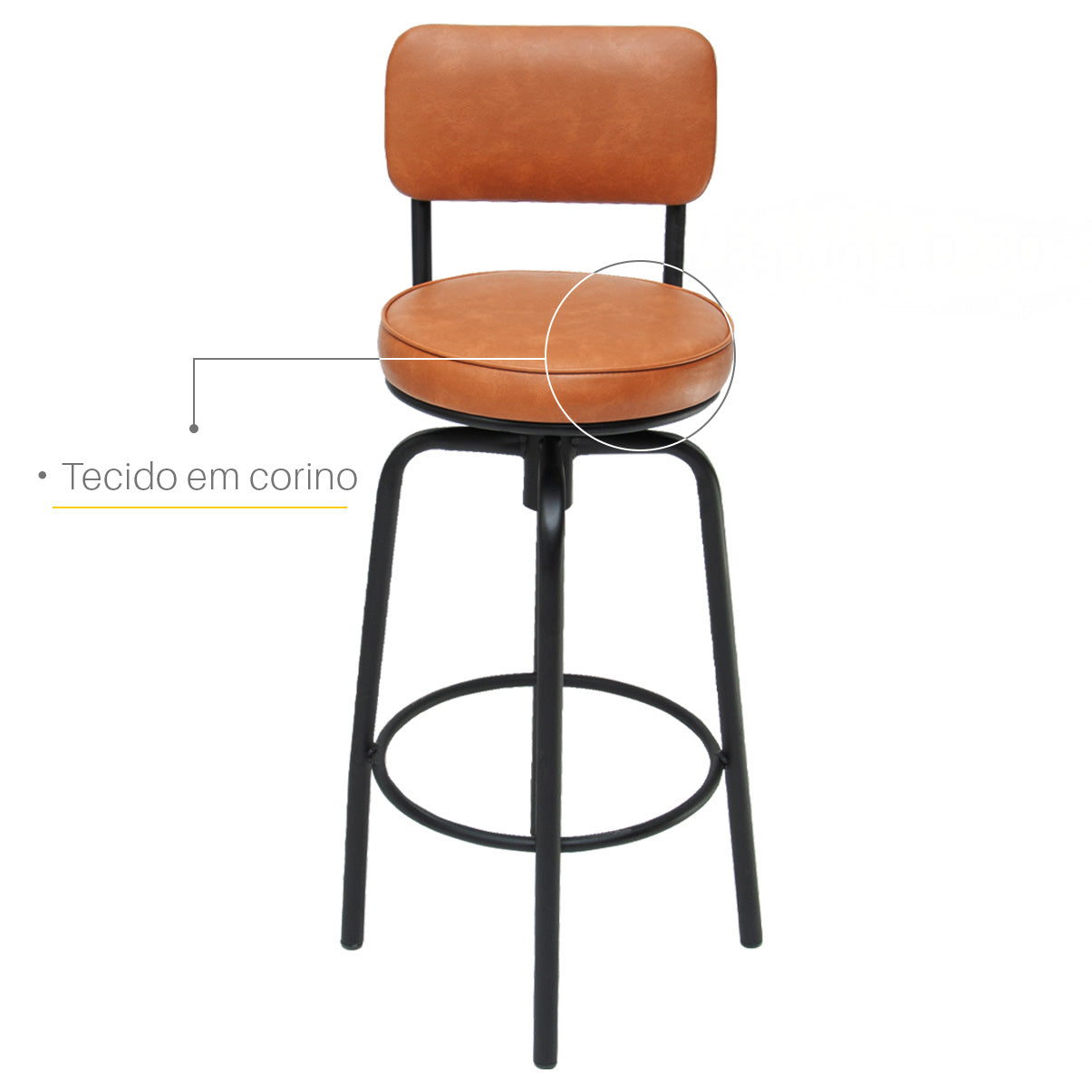 Kit 2 Banquetas Altas Giratórias Nala em aço com descanso de pés, ideal para cozinha, bancada e área gourmet