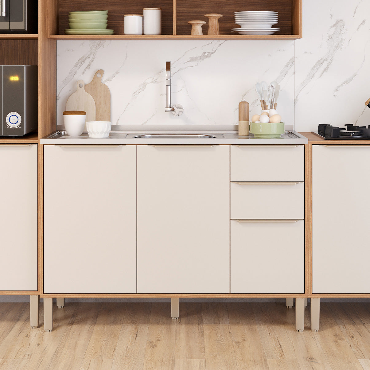 Balcão de Cozinha 120cm Sem Tampo com 2 Gavetas Corrediça Telescópica e Pés Reguláveis Divina