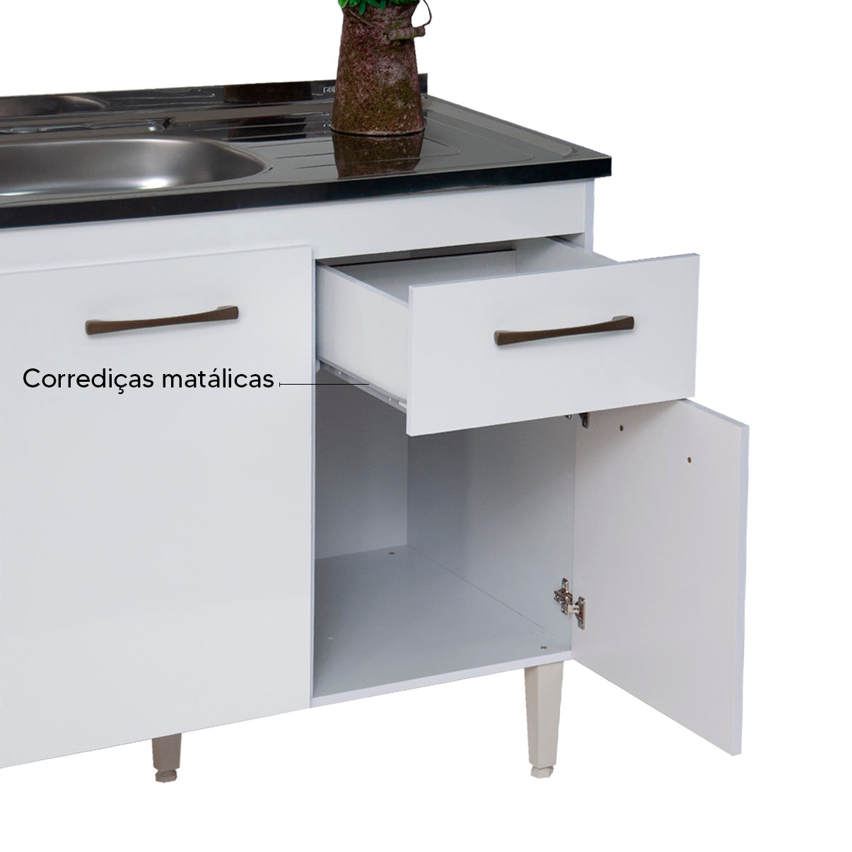 Balcão de Cozinha 118cm com 3 Portas e Gaveta com Corrediça Metálica e Estrutura em MDF/MDP — Praticidade para Cozinha Compacta (Sem Tampo)
