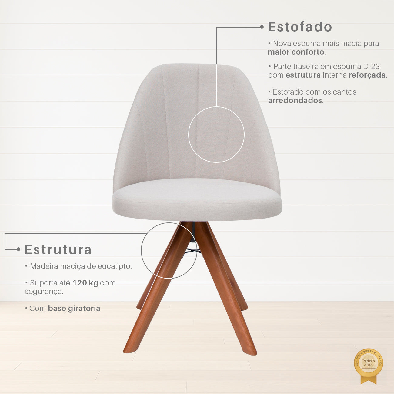 Kit com 2 Cadeiras Mariana Giratórias com Estrutura de Madeira e Assento Estofado – Design Moderno e Confortável para Sala de Jantar