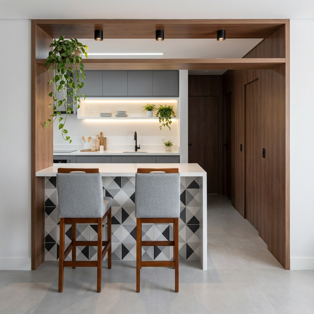 Banqueta Rubi Estofada com Encosto e Estrutura de Madeira Maciça