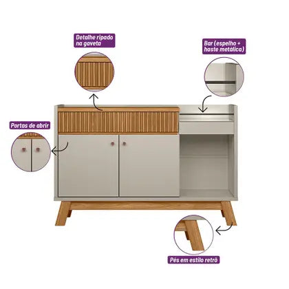 Buffet Aparador Lucca 2 portas e 1 gaveta em MDP/MDF estilo retrô para sala de jantar ou estar