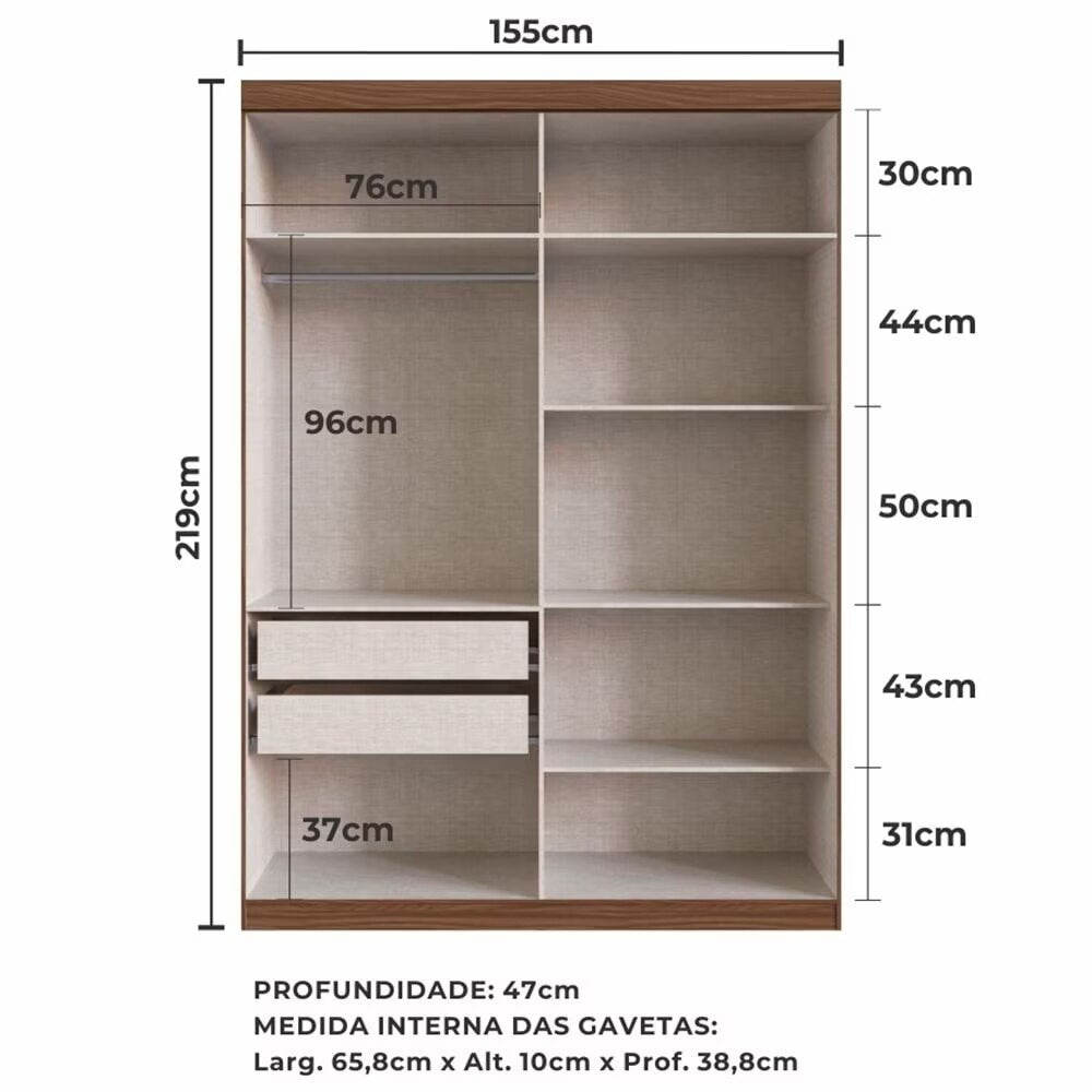 Guarda-Roupa PH 1714 155cm com 2 Gavetas – Pintura UV