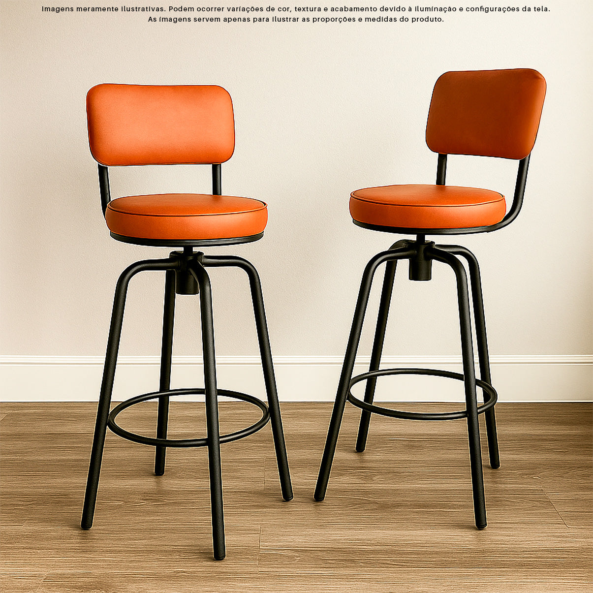 Kit 2 Banquetas Altas Giratórias Nala em aço com descanso de pés, ideal para cozinha, bancada e área gourmet