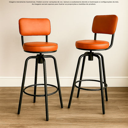 Kit 2 Banquetas Altas Giratórias Nala em aço com descanso de pés, ideal para cozinha, bancada e área gourmet