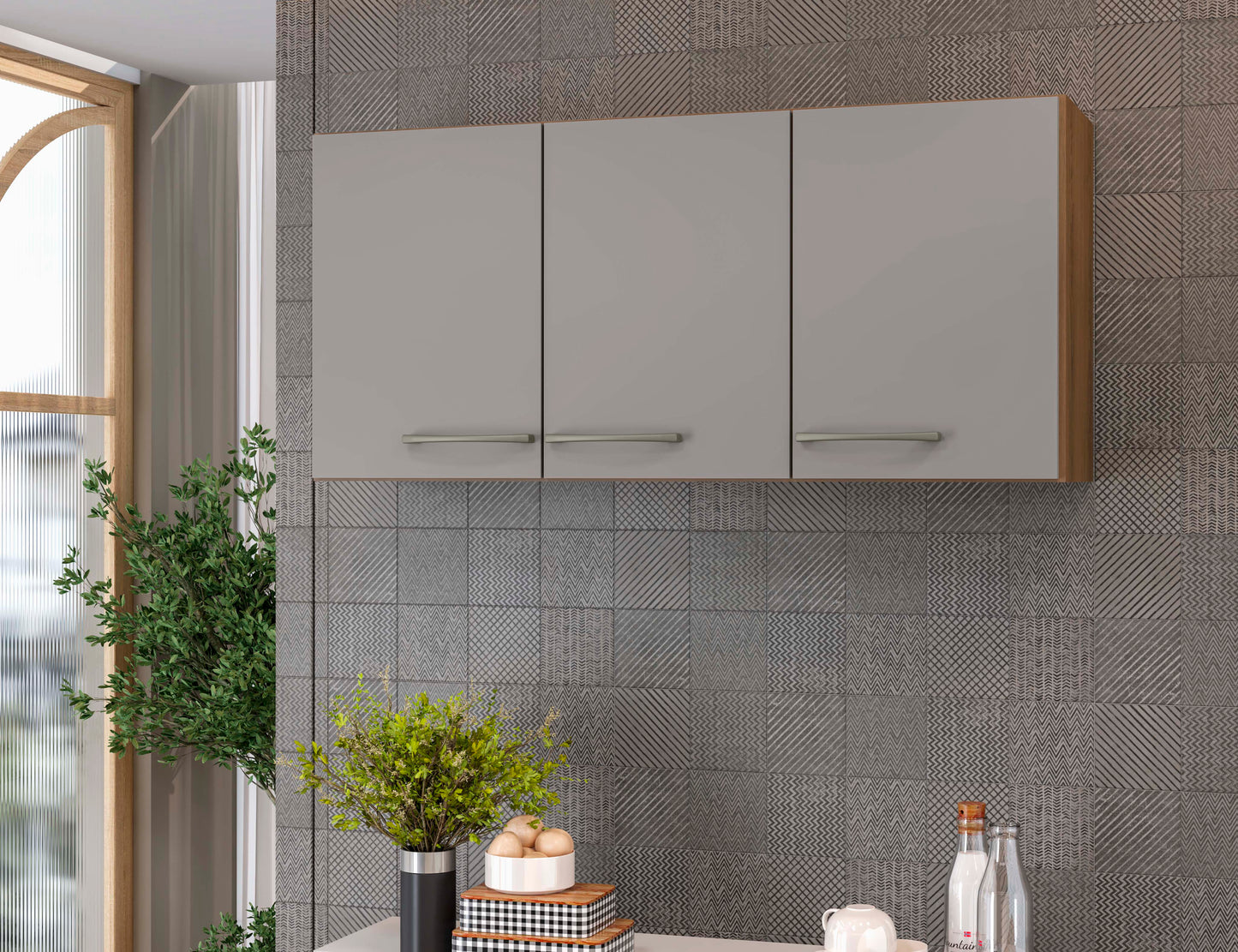 Armário Aéreo de Cozinha Carol 120cm — Estrutura em MDF e MDP com Pintura UV, 3 Portas com Dobradiças Metálicas e 2 Prateleiras para Organizar a Cozinha