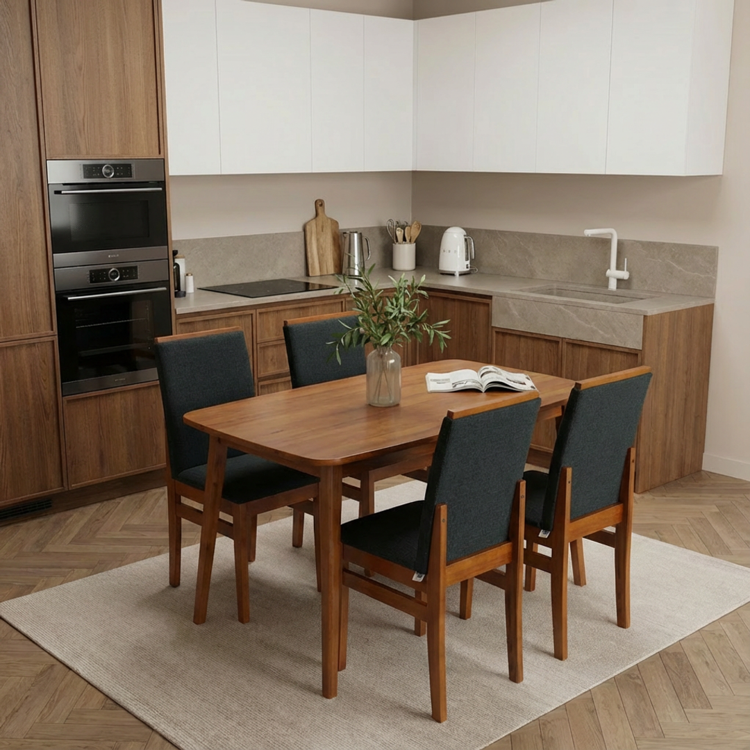 Kit com 2 Cadeiras Veneza Estofadas em Linho com Estrutura de Madeira Maciça e Acabamento PU Marrom Canela