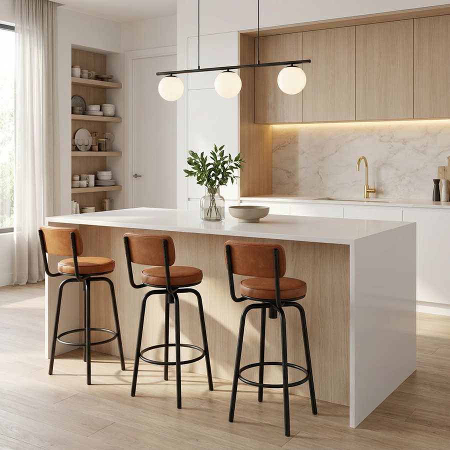 Kit 2 Banquetas Altas Giratórias Nala em aço com descanso de pés, ideal para cozinha, bancada e área gourmet