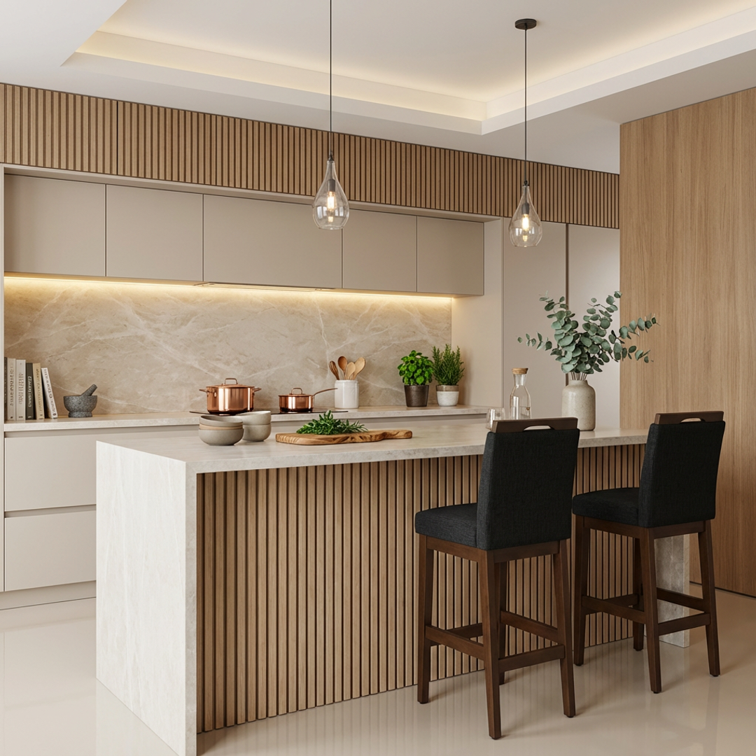 Banqueta Rubi Estofada com Encosto e Estrutura de Madeira Maciça