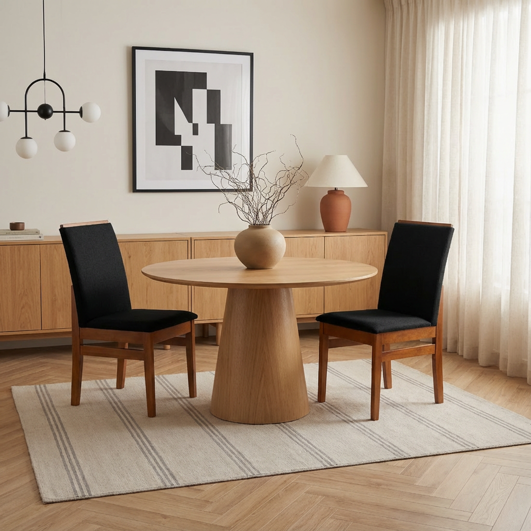 Kit com 2 Cadeiras Veneza Estofadas em Linho com Estrutura de Madeira Maciça e Acabamento PU Marrom Canela