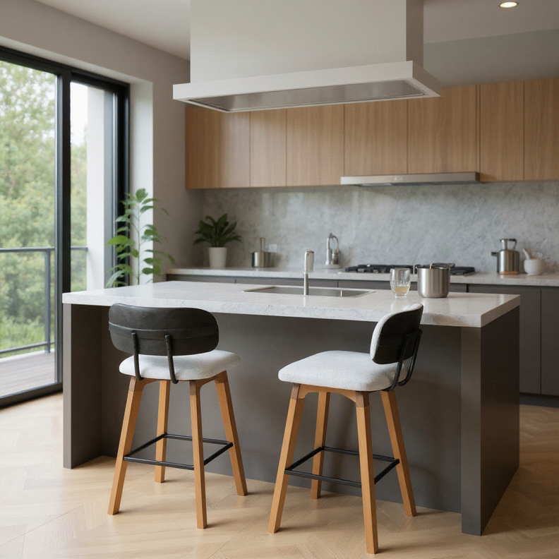 Kit 2 Banquetas Aurora em Madeira Maciça com Assento Estofado e Encosto Anatômico — Conforto para Cozinha Gourmet