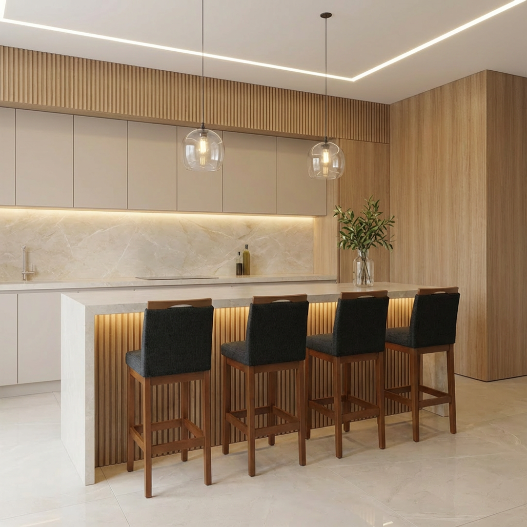 Banqueta Rubi Estofada com Encosto e Estrutura de Madeira Maciça